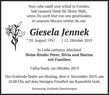 Traueranzeige von Giesela Jennek  von Magdeburger Volksstimme