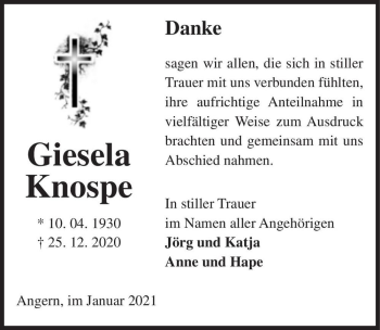 Traueranzeige von Giesela Knospe  von Magdeburger Volksstimme