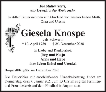Traueranzeige von Giesela Knospe (geb. Schwerin)  von Magdeburger Volksstimme
