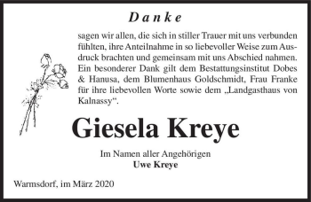 Traueranzeige von Giesela Kreye  von Magdeburger Volksstimme