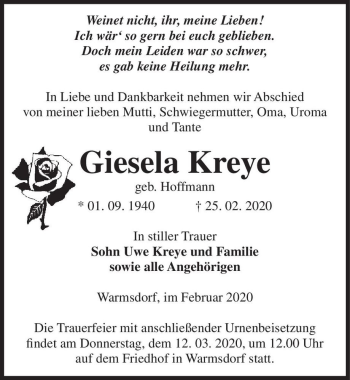 Traueranzeige von Giesela Kreye (geb. Hoffmann)  von Magdeburger Volksstimme