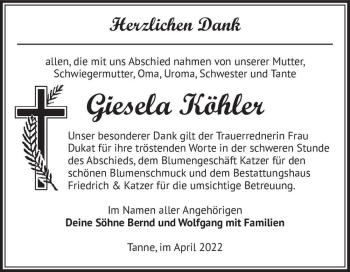 Traueranzeige von Giesela Köhler  von Magdeburger Volksstimme