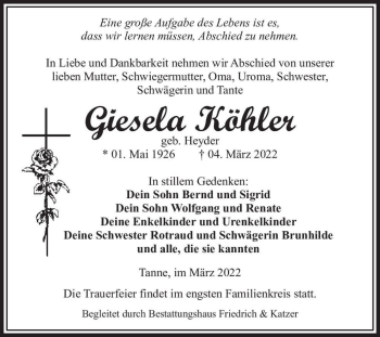 Traueranzeige von Giesela Köhler (geb. Heyder)  von Magdeburger Volksstimme