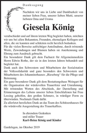 Traueranzeige von Giesela König  von Magdeburger Volksstimme