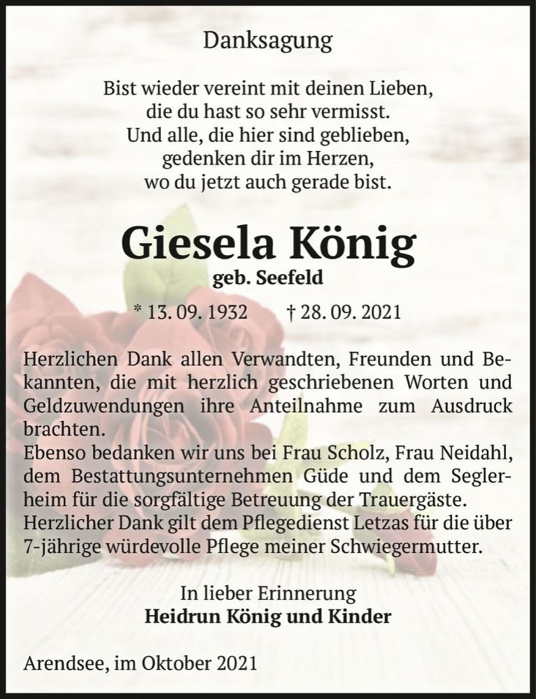  Traueranzeige für Giesela König (geb. Seefeld)  vom 23.10.2021 aus Magdeburger Volksstimme
