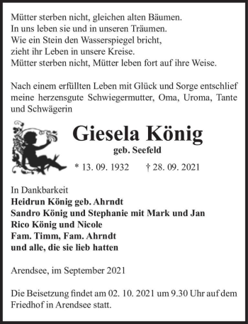 Traueranzeige von Giesela König (geb. Seefeld)  von Magdeburger Volksstimme