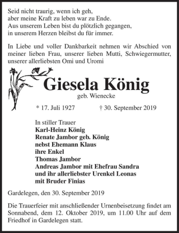 Traueranzeige von Giesela König (geb. Wienecke)  von Magdeburger Volksstimme