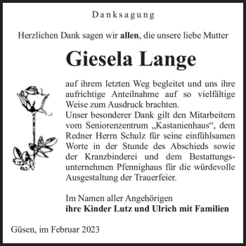 Traueranzeige von Giesela Lange  von Magdeburger Volksstimme