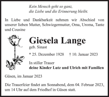 Traueranzeige von Giesela Lange (geb. Sinast)  von Magdeburger Volksstimme