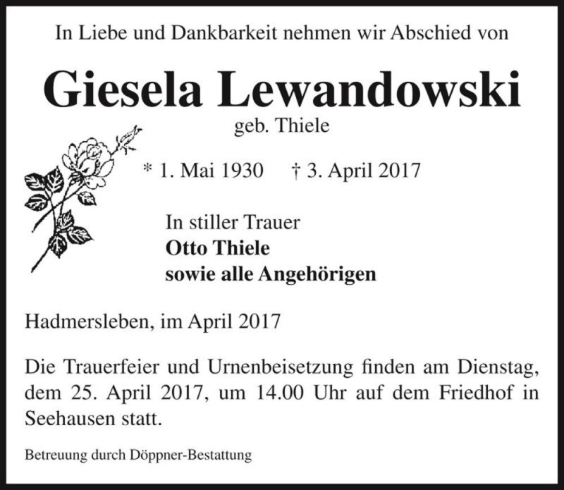  Traueranzeige für Giesela Lewandowski (geb. Thiele)  vom 11.04.2017 aus Magdeburger Volksstimme