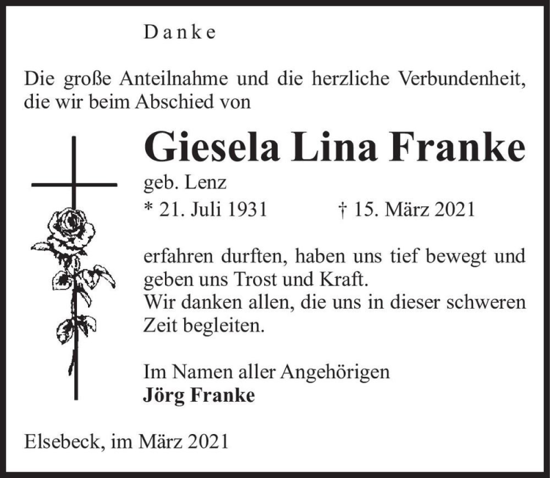  Traueranzeige für Giesela Lina Franke (geb. Lenz)  vom 27.03.2021 aus Magdeburger Volksstimme