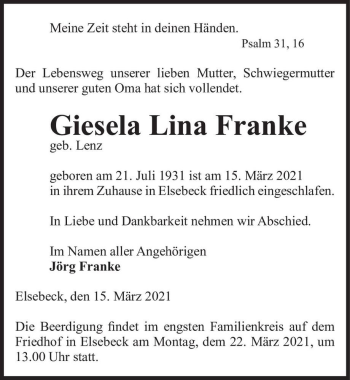 Traueranzeige von Giesela Lina Franke (geb. Lenz)  von Magdeburger Volksstimme