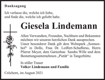 Traueranzeige von Giesela Lindemann  von Magdeburger Volksstimme