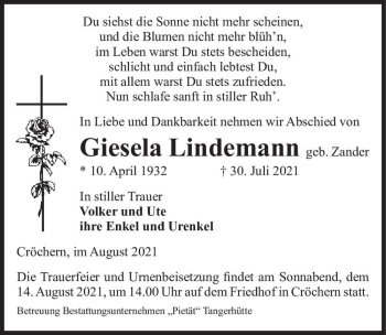 Traueranzeige von Giesela Lindemann (geb. Zander)  von Magdeburger Volksstimme