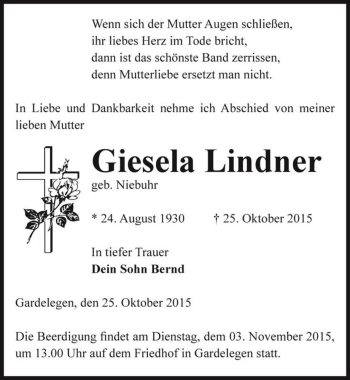 Traueranzeige von Giesela Lindner (geb. Niebuhr)  von Magdeburger Volksstimme
