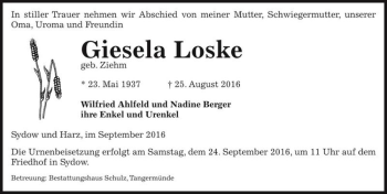 Traueranzeige von Giesela Loske (geb. Ziehm)  von Magdeburger Volksstimme
