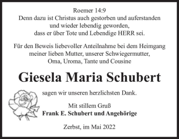 Traueranzeige von Giesela Maria Schubert  von Magdeburger Volksstimme