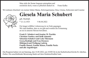Traueranzeige von Giesela Maria Schubert (geb. Rudolph)  von Magdeburger Volksstimme
