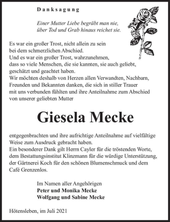 Traueranzeige von Giesela Mecke  von Magdeburger Volksstimme