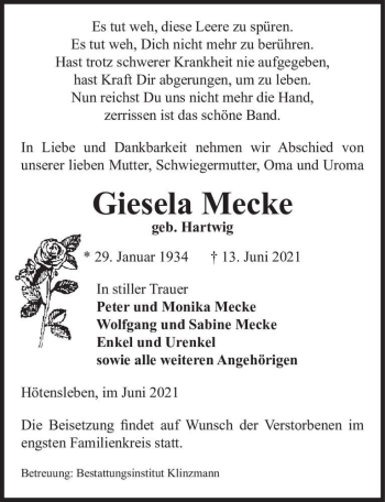Traueranzeige von Giesela Mecke (geb. Hartwig)  von Magdeburger Volksstimme