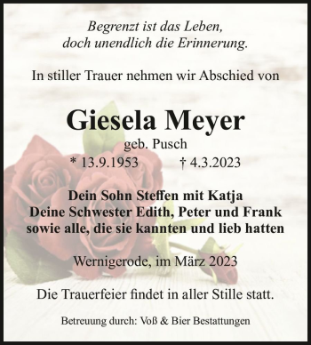 Traueranzeige von Giesela Meyer (geb. Pusch)  von Magdeburger Volksstimme