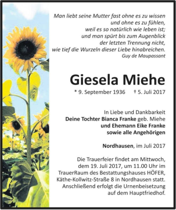 Traueranzeige von Giesela Miehe  von Magdeburger Volksstimme