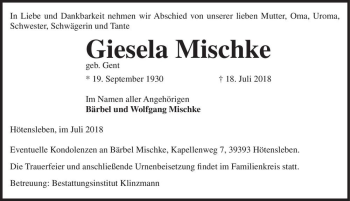Traueranzeige von Giesela Mischke (geb. Gent)  von Magdeburger Volksstimme