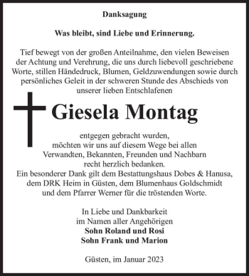 Traueranzeige von Giesela Montag  von Magdeburger Volksstimme