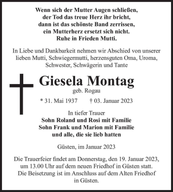 Traueranzeige von Giesela Montag (geb. Rogau)  von Magdeburger Volksstimme