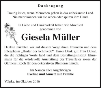 Traueranzeige von Giesela Müller  von Magdeburger Volksstimme