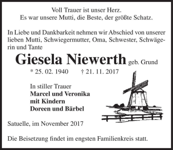 Traueranzeige von Giesela Niewerth (geb. Grund)  von Magdeburger Volksstimme