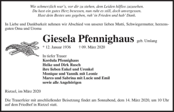 Traueranzeige von Giesela Pfennighaus (geb. Umlang)  von Magdeburger Volksstimme