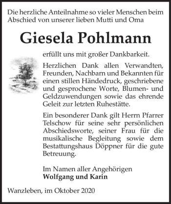 Traueranzeige von Giesela Pohlmann  von Magdeburger Volksstimme