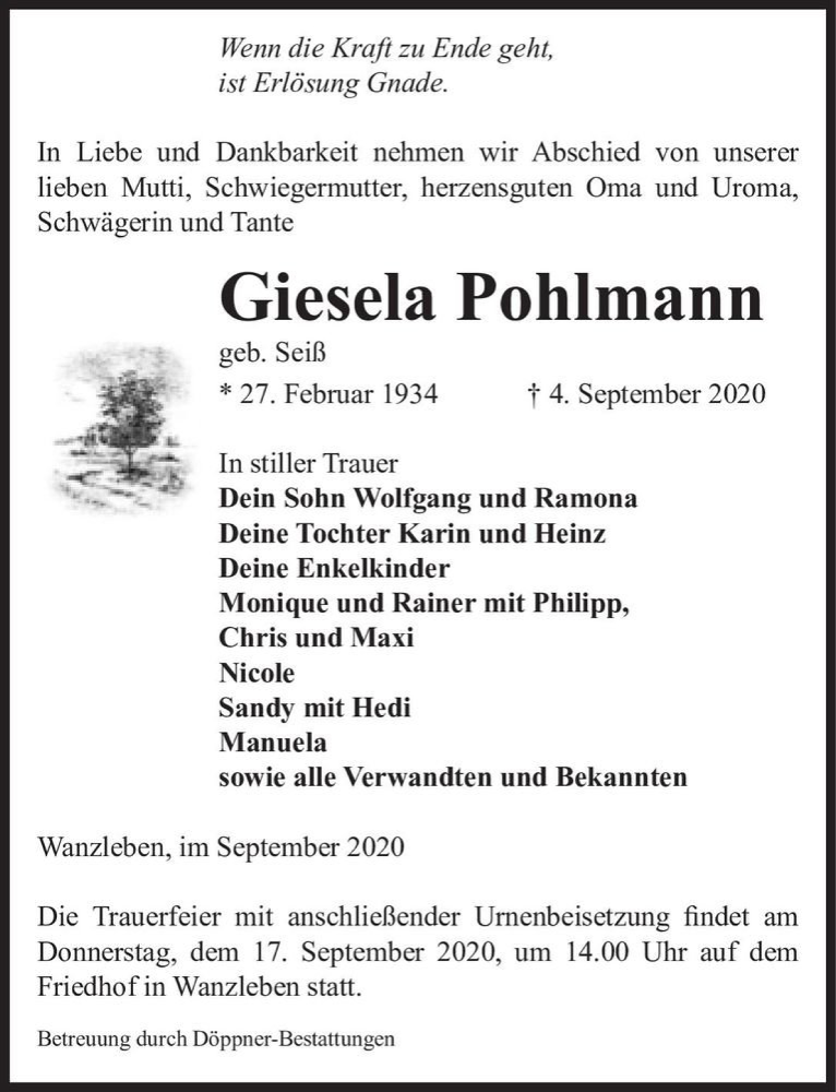  Traueranzeige für Giesela Pohlmann (geb. Seiß)  vom 12.09.2020 aus Magdeburger Volksstimme