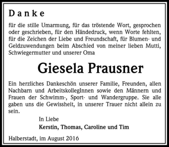 Traueranzeige von Giesela Prausner  von Magdeburger Volksstimme