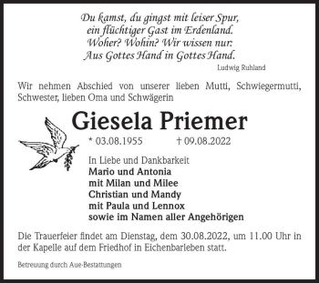Traueranzeige von Giesela Priemer  von Magdeburger Volksstimme