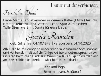 Traueranzeige von Giesela Ramelow  von Magdeburger Volksstimme