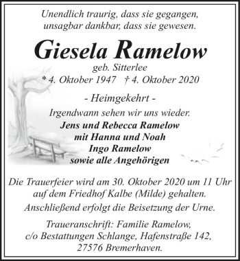 Traueranzeige von Giesela Ramelow (geb. Sitterlee)  von Magdeburger Volksstimme