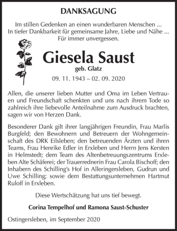 Traueranzeige von Giesela Saust (geb. Glatz)  von Magdeburger Volksstimme