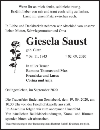 Traueranzeige von Giesela Saust (geb. Glatz)  von Magdeburger Volksstimme