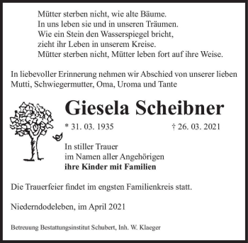 Traueranzeige von Giesela Scheibner  von Magdeburger Volksstimme