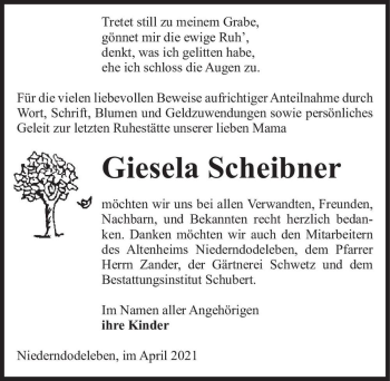 Traueranzeige von Giesela Scheibner  von Magdeburger Volksstimme
