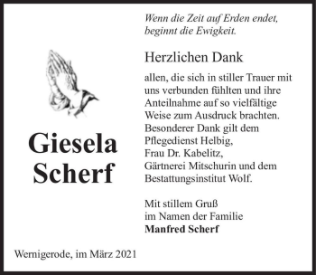 Traueranzeige von Giesela Scherf  von Magdeburger Volksstimme