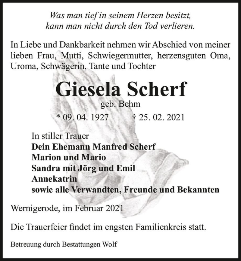  Traueranzeige für Giesela Scherf (geb. Behm)  vom 03.03.2021 aus Magdeburger Volksstimme