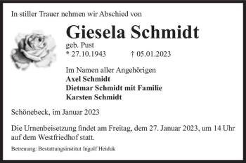Traueranzeige von Giesela Schmidt  von Magdeburger Volksstimme
