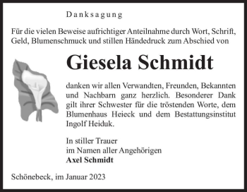 Traueranzeige von Giesela Schmidt  von Magdeburger Volksstimme
