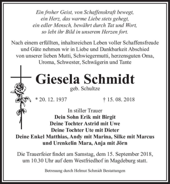 Traueranzeige von Giesela Schmidt (geb. Schultze)  von Magdeburger Volksstimme