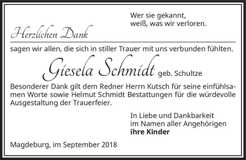 Traueranzeige von Giesela Schmidt (geb. Schultze)  von Magdeburger Volksstimme