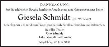 Traueranzeige von Giesela Schmidt (geb. Wiedekopf)  von Magdeburger Volksstimme