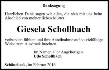 Traueranzeige von Giesela Schollbach  von Magdeburger Volksstimme